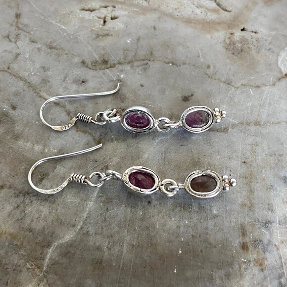 Sterling Silver 925 Dainty Oval Pink Tourmaline Multistone Dangle Drop Earrings - Picture 7 of 16